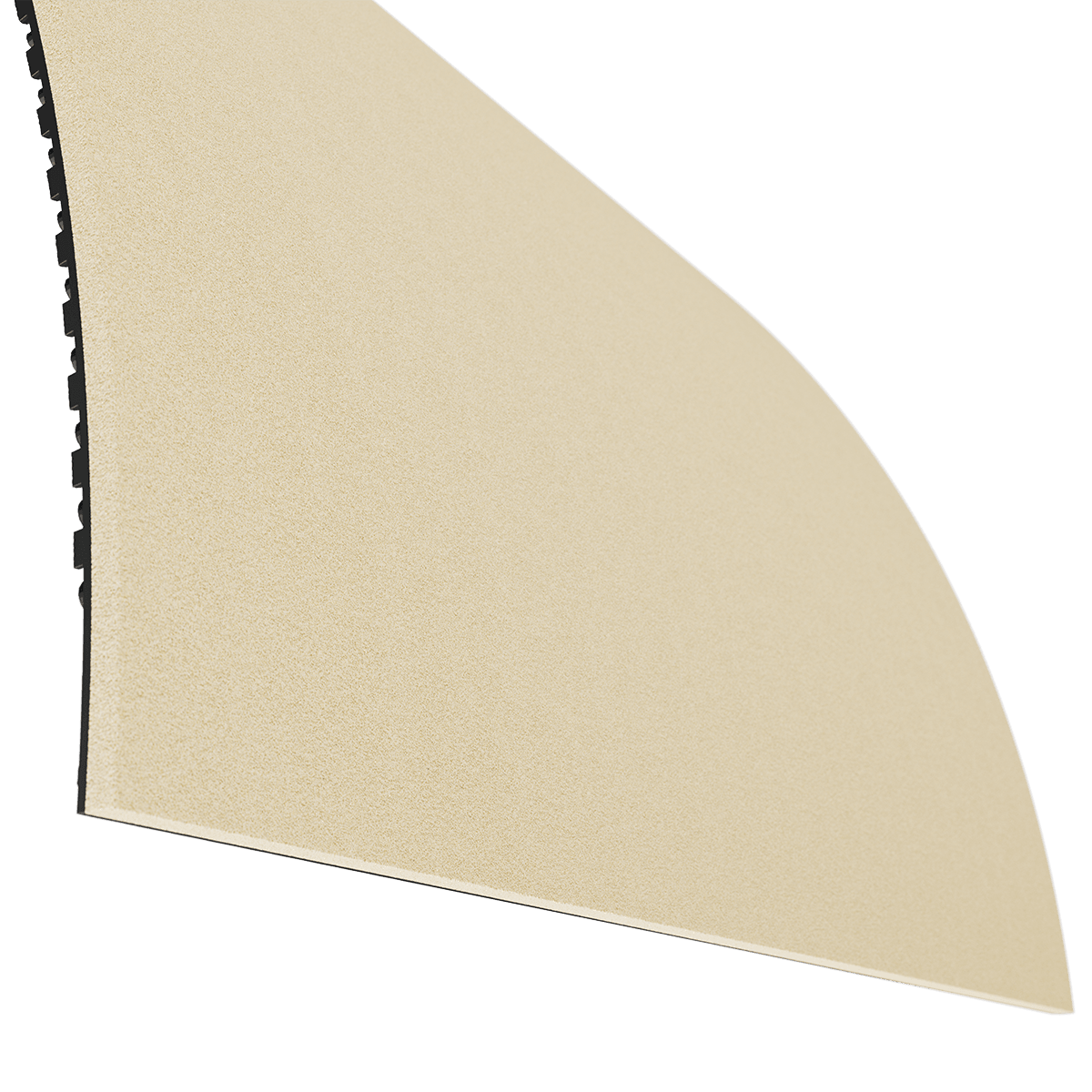 Beige sandpaper sheet with rough surface and black back, slightly curved.