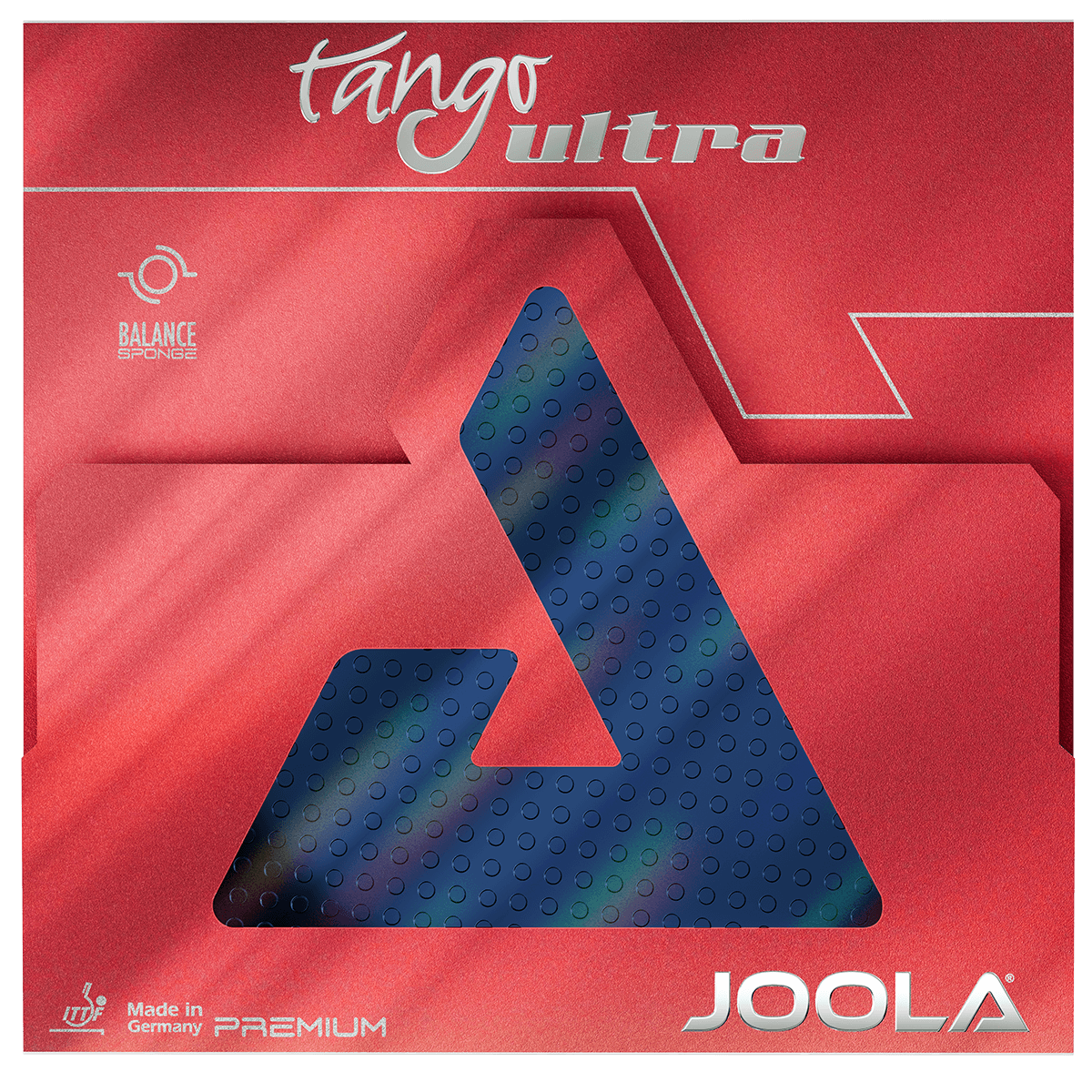 Red JOOLA Tango Ultra table tennis rubber with blue pimple structure and Balance Sponge Technology.