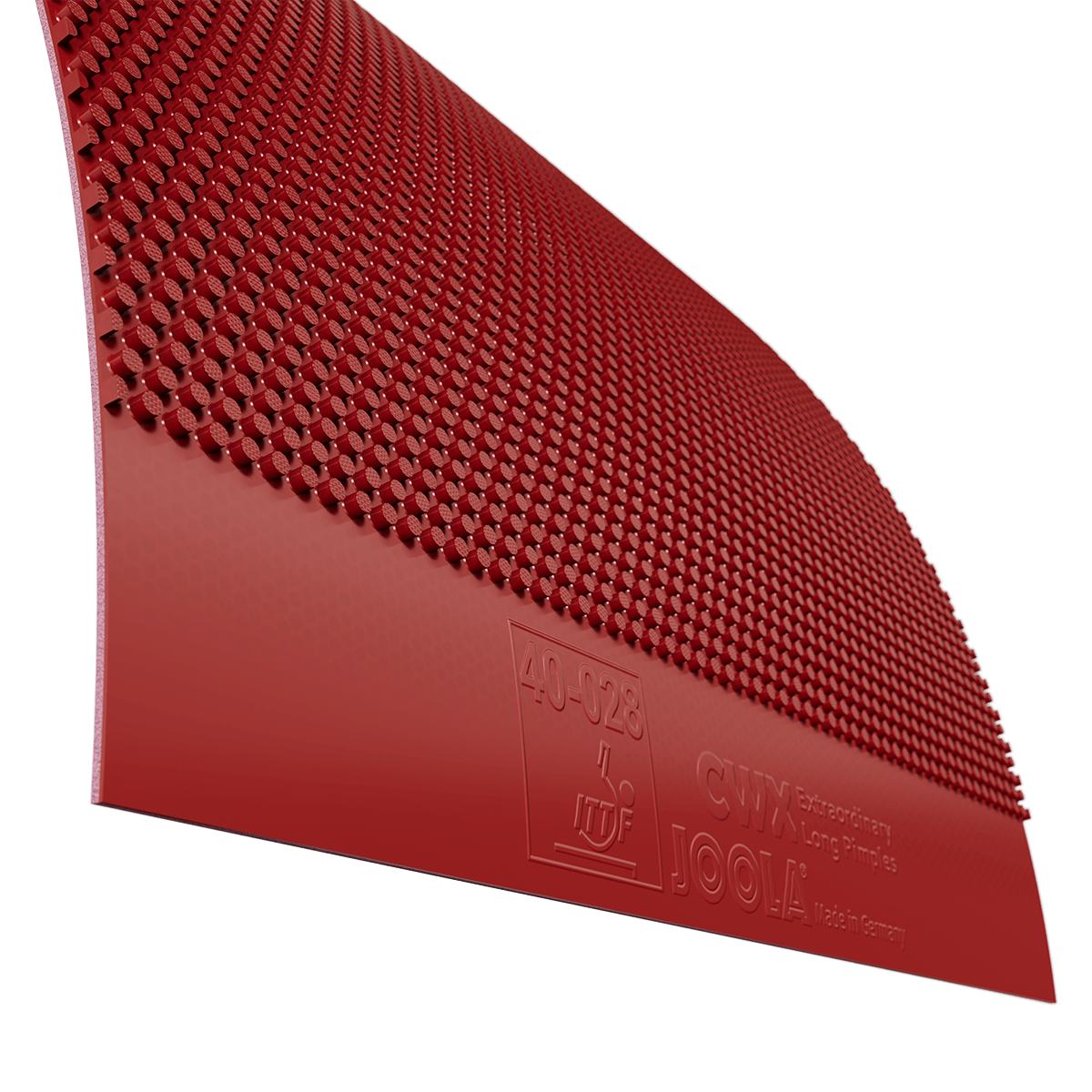 Red table tennis rubber sheet with pimple structure and embossed logo with the inscription "JOOLA CWX Extraordinary Long Pimples".