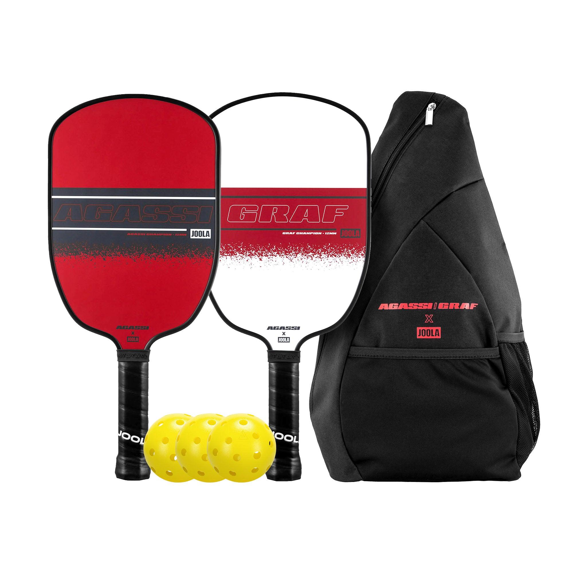Two Pickleball bats in red and white with three yellow hole balls and a black carrying backpack.