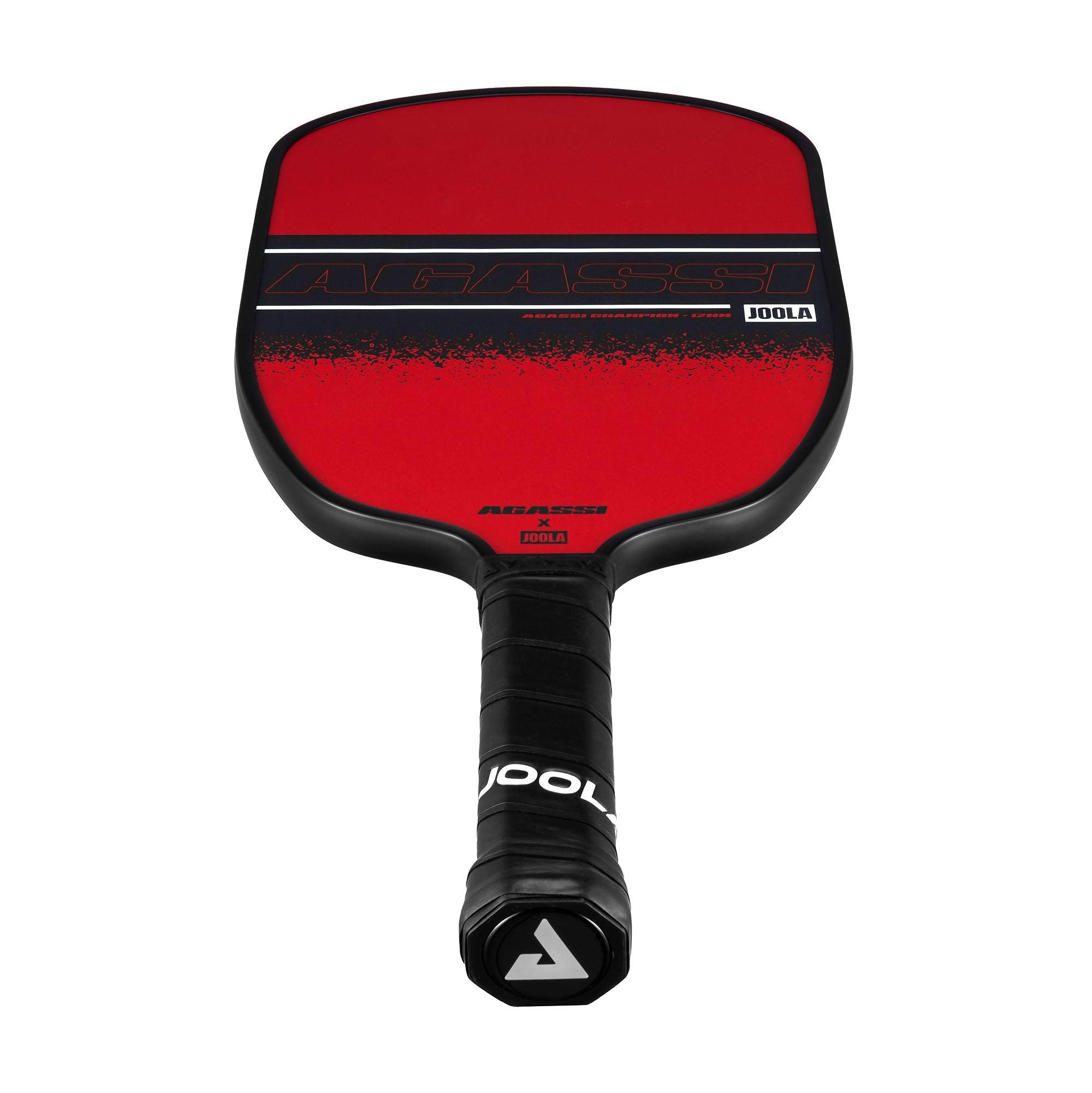 Pickleball bat JOOLA Agassi in red and black, front view.