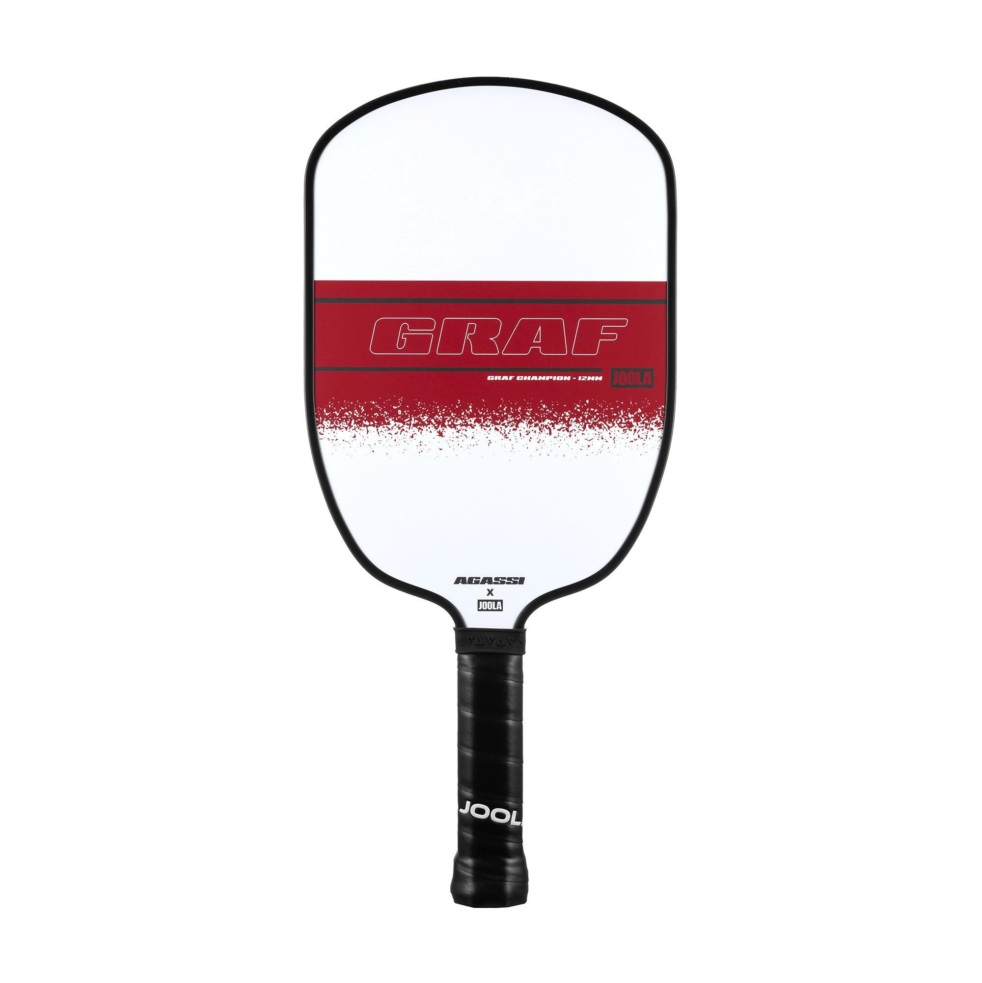 Pickleball bat JOOLA Graf Champion with white-red design and black handle.
