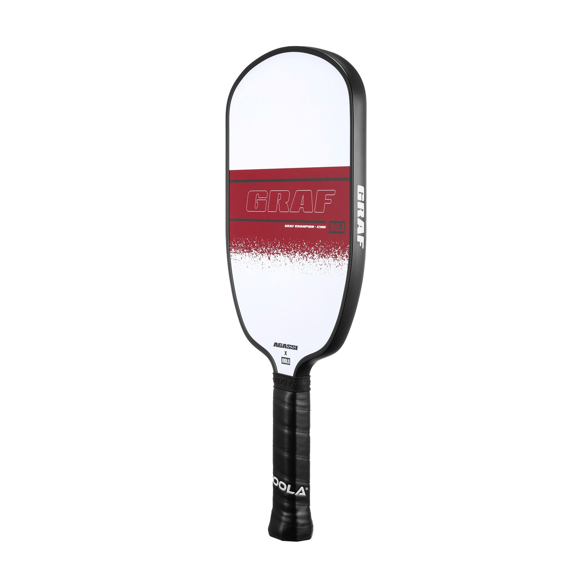 Black Pickleball bat with white-red design and black handle.