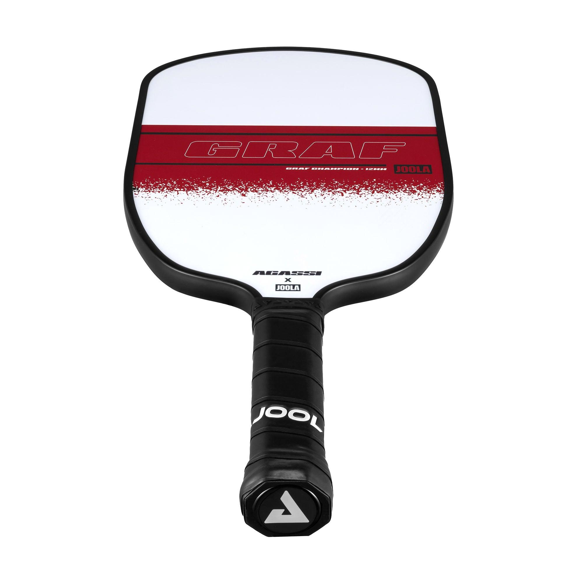 Pickleball bat with white hitting surface, red stripe, and black handle.