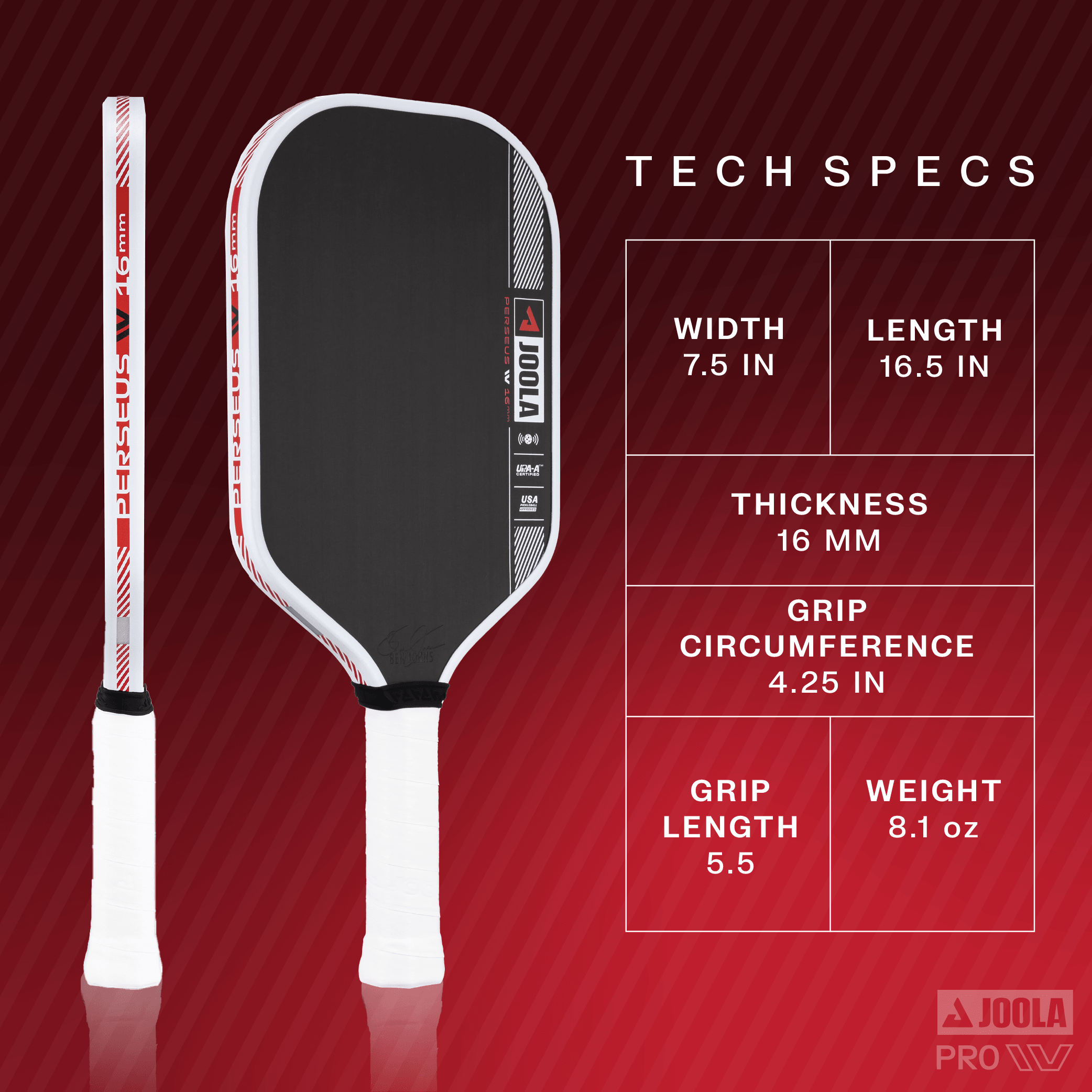 Black JOOLA Perseus Pickleball bat with white and red accents, technical specs: width 7.5 inches, length 16.5 inches, thickness 16 mm, grip circumference 4.25 inches, grip length 5