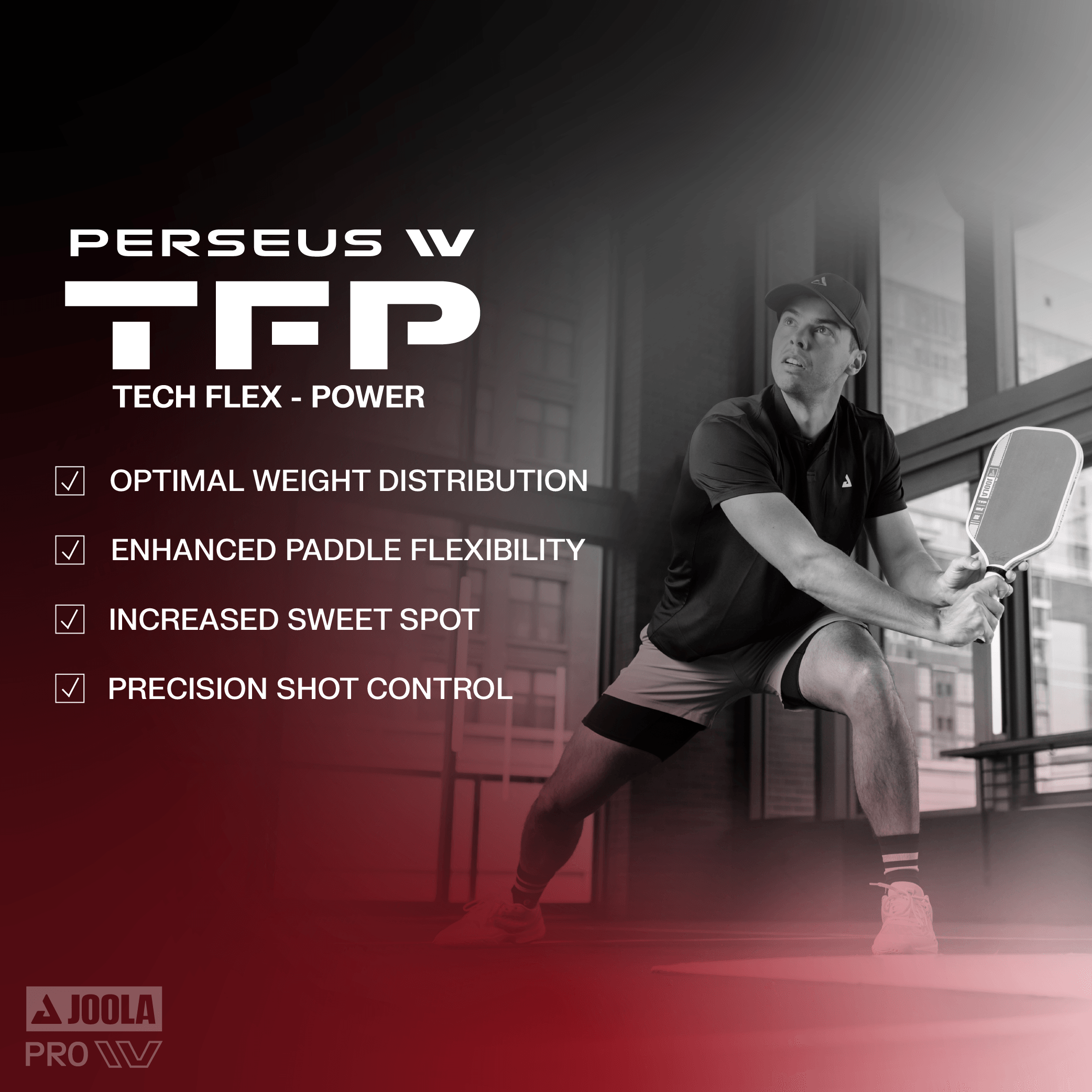 Athlete in action with JOOLA PERSEUS TFP table tennis bat, featuring optimal weight, flexibility, large sweet spot, and precise shot control.