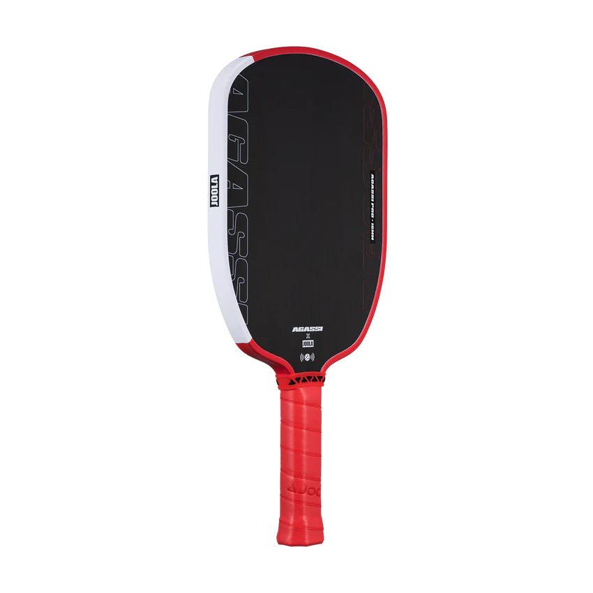 Pickleball bat in black, red, and white with red handle.