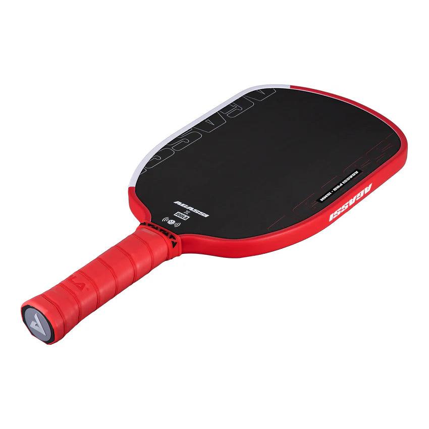 Pickleball bat with red handle and black hitting surface, brand Agassi.