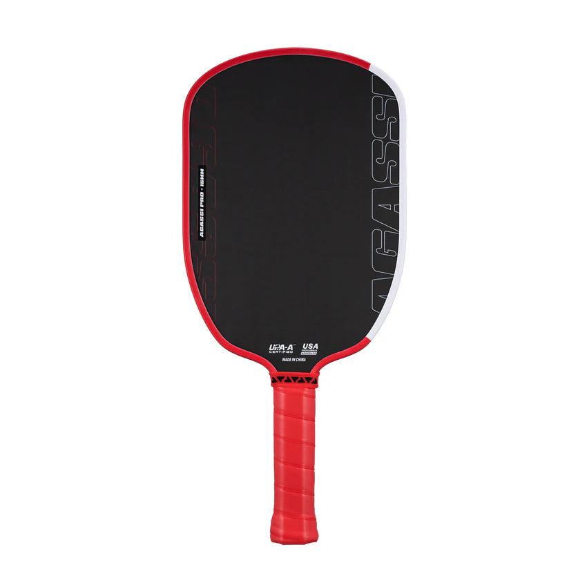 Black Pickleball bat with red handle and red and white edge.