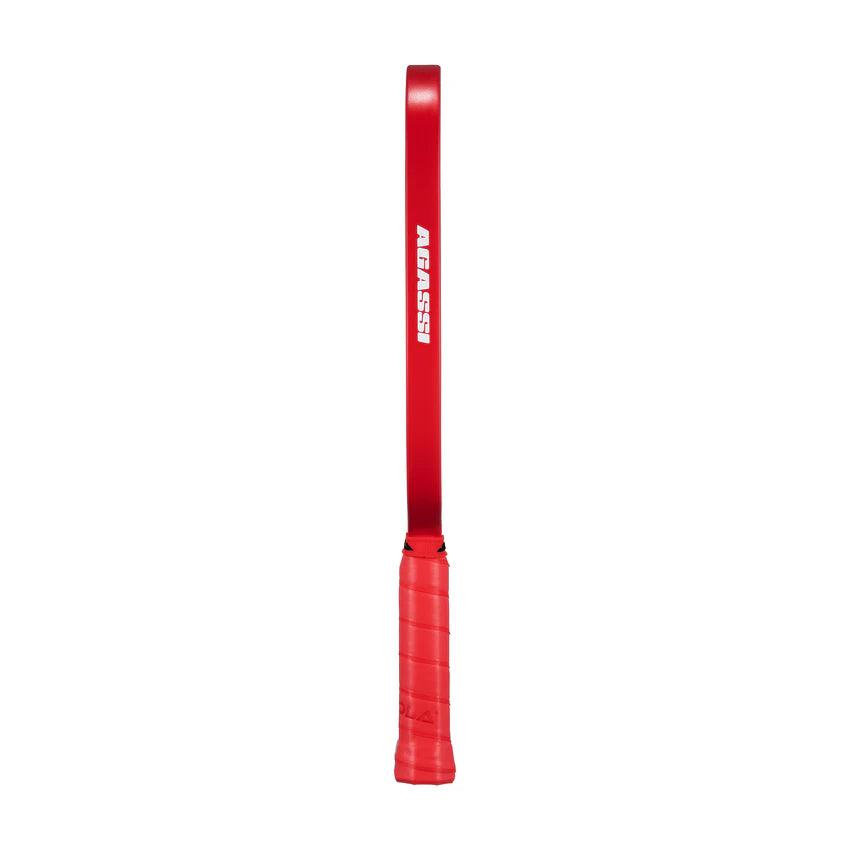 Red Agassi tennis bat with red handle and white lettering.