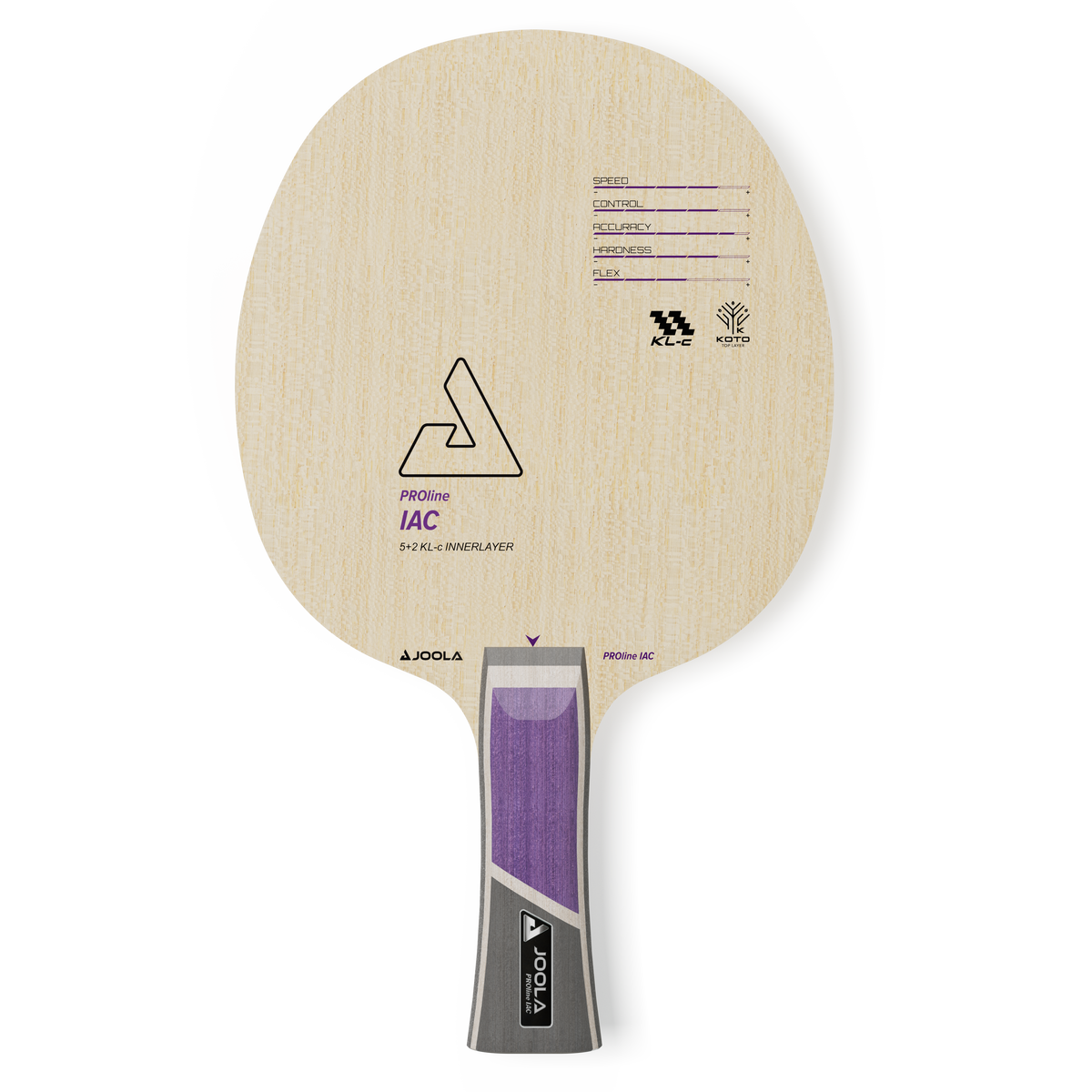 Table tennis bat JOOLA PROline IAC with natural wood surface and purple-grey handle, playing values printed.