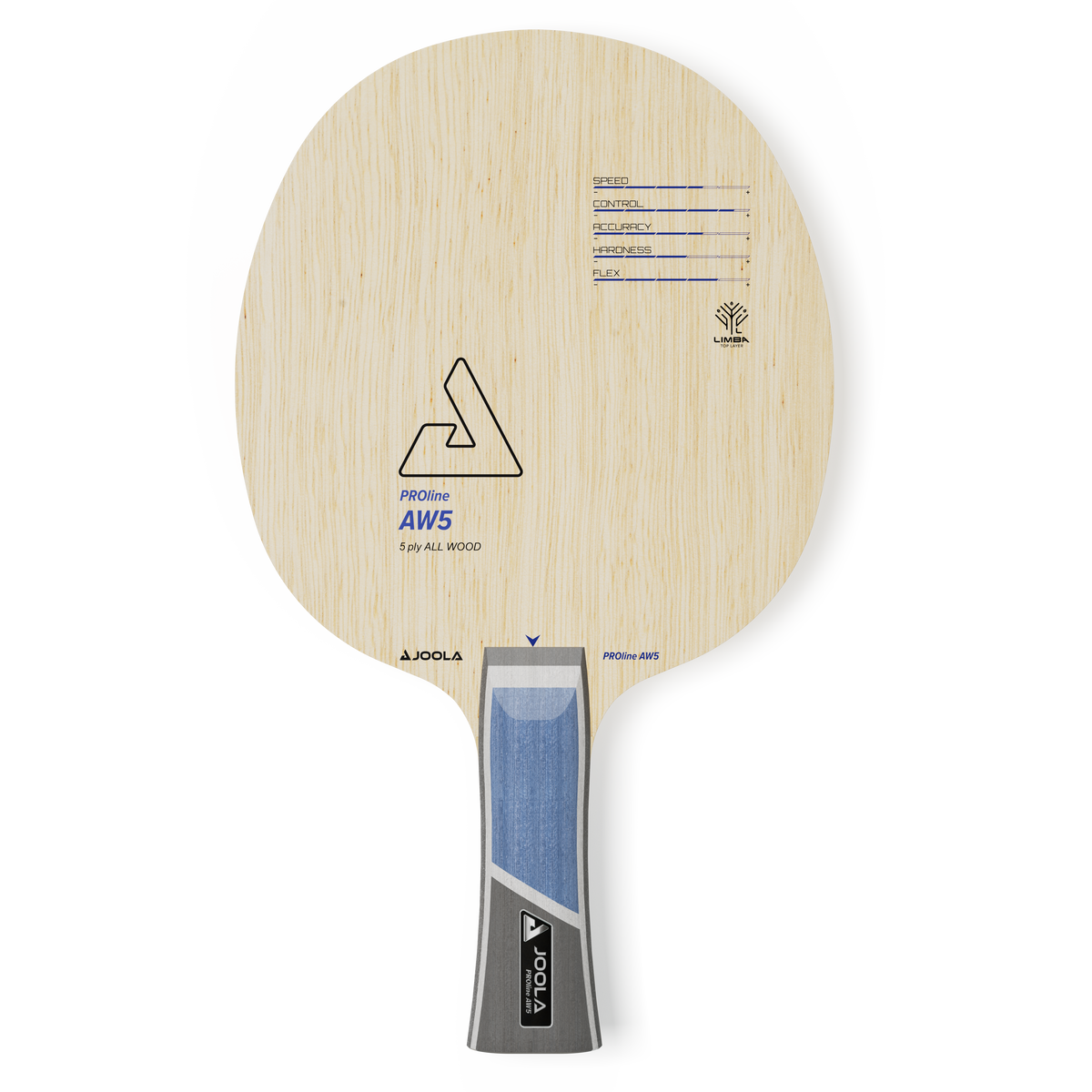 JOOLA PROline AW5 table tennis bat made of 5-ply wood with blue-grey handle and performance overview.