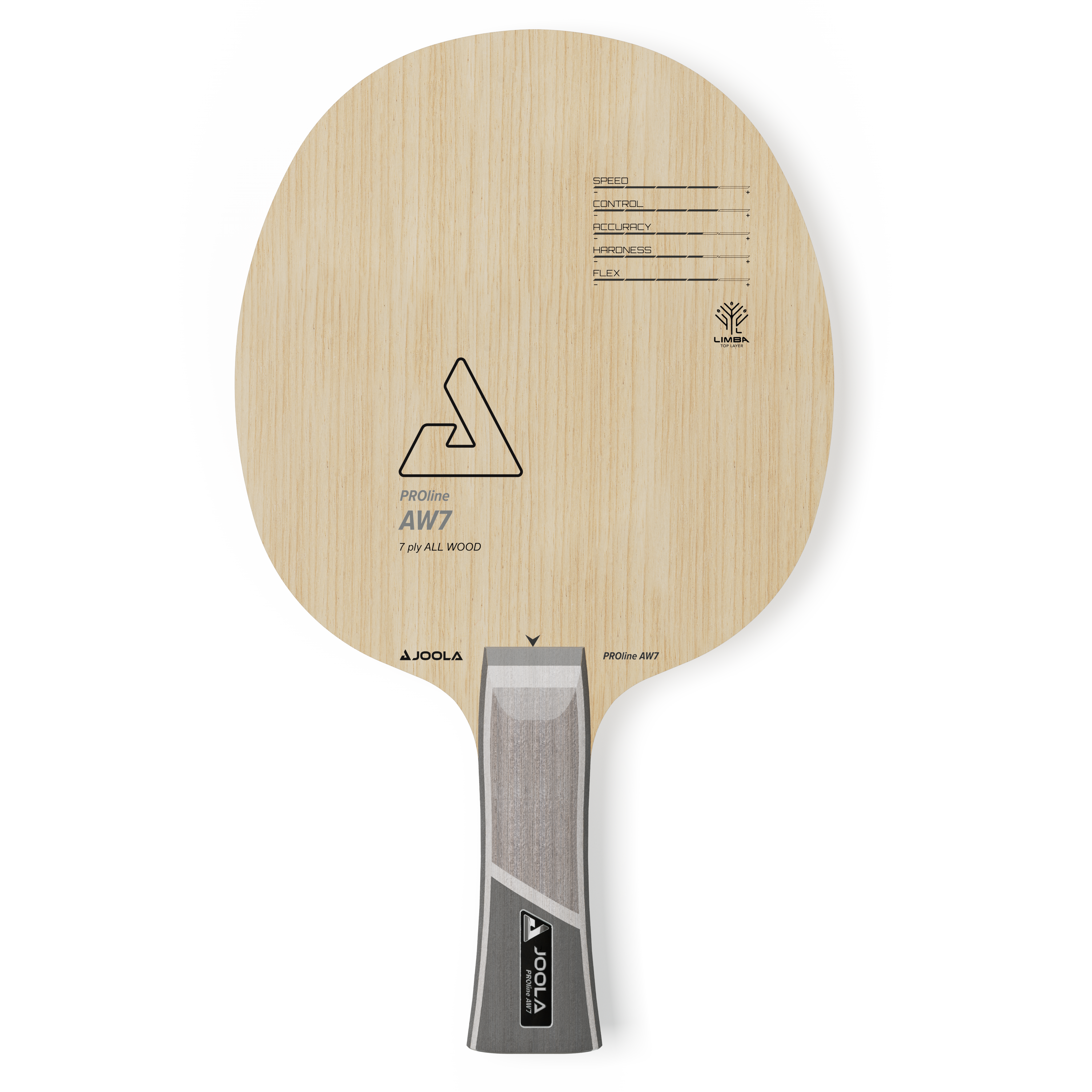JOOLA PROline AW7 table tennis bat made from 7-ply wood with grey and natural wood rubber-blade.