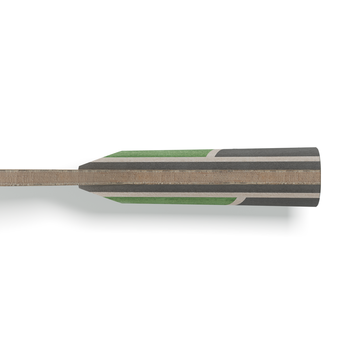 Grip of a skateboard deck with multi-layered wood and green-grey finish, side view.