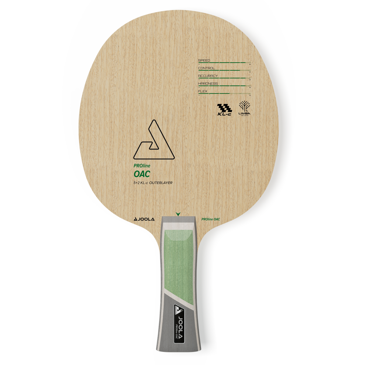 Table tennis bat JOOLA PROline OAC with wooden handle, speed, control, and flex ratings, natural-coloured striking surface.